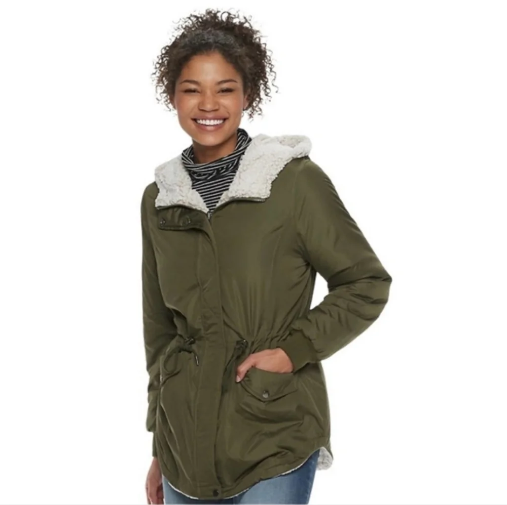 Sebby Women's Medium Reversible Green Anorak Hooded Jacket w/ Sherpa Lining - Picture 15 of 16